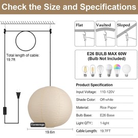 Fivemengo 20in Paper Lanterns Plug in Hanging Lamp Off-White 19.7FT Cord