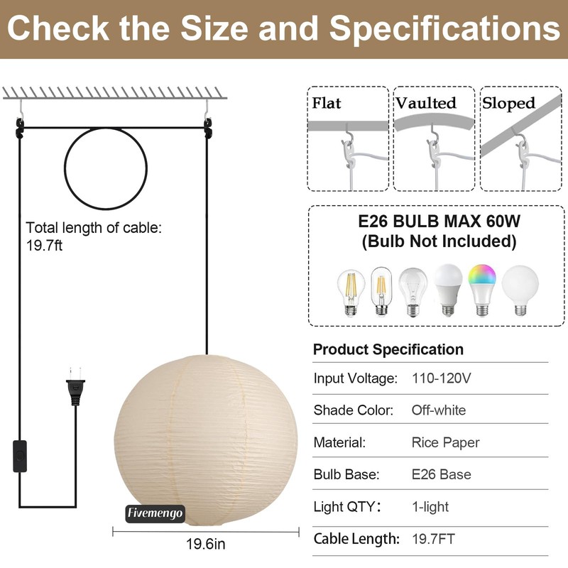 Fivemengo 20in Paper Lanterns Plug in Hanging Lamp Off-White 19.7FT