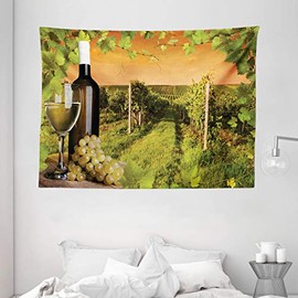 Ambesonne Winery Tapestry, Bottle and Glass of Wine and Vineyards of Sunset Countryside Romantic Evening View, Wide Wall Hanging for Bedroom Living Room Dorm, 80" X 60", Orange Green