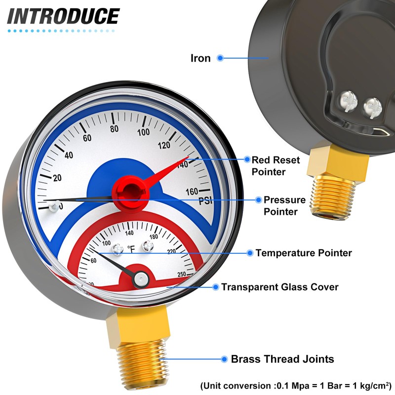MEANLIN MEASURE 0-160Psi Thermal Pressure Gauge,0-250℉ 1/4" NPT 2.5" FACE