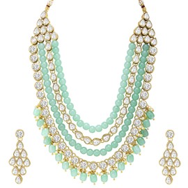 Aheli Mint Gold Plated Kundan Long Necklace Earring Indian Traditional Jewelry Set Gift for Women