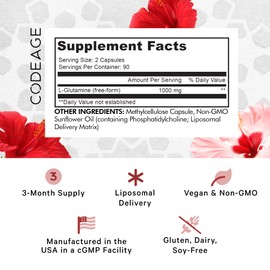 Codeage L-Glutamine 1000mg Supplement, Free-Form Amino Acid Glutamine, Liposomal Delivery for Enhanced Absorption, 3-Month Supply, Vegan & Non-GMO, Gut Health, Immune, Muscles Support, 180 Capsules