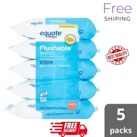 Equate Flushable Wipes, Fresh Scent, 5 packs of 48 wipes, 240 Total Wipes