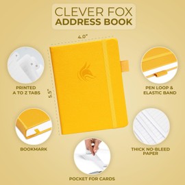 Clever Fox Address Book with alphabetic tabs - PU Leather Telephone and Address Book for Keeping Contacts Safe, Contact Organizer Journal, Small Size (10.5 x 14cm), Hardcover, Amber Yellow