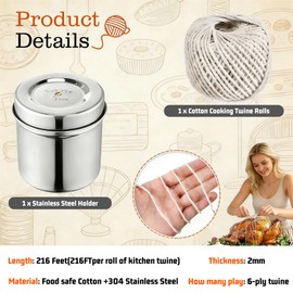 Kitchen Twine for Cooking with Stainless Steel Dispenser, Cotton Butchers Twine for Cooking Meat, Natural Kitchen Twine, Center Pull Design (White) (1 Roll + 1 Dispenser)