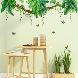 KHayRovies Tropical Palm Leaf Hanging Vine Wall Stickers Decor, Leaves Green Plant Butterfly Peel and Stick Wall Decal, Removable DIY Art Murals Applique Wallpaper for Bedroom Nursery Home Decoration