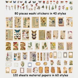 WANDIC Scrapbooking Stickers Kit, 200 Pieces Vintage Scrapbook Sticker Supplies Non-Sticker Papers Washi Paper Stickers for Art Craft Journal Planner Notebook Decor
