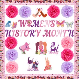Eersida Women History Month Bulletin Board Decorations History Month Banner Backdrop for International Women's Day Bulletin Board with Tissue Flower Balls Celebration Party Supply
