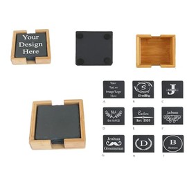 Customized Slate Coasters Set of 4, Laser Engraved Drink Coasters with Wooden Case