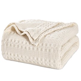 PHF 100% Cotton Waffle Weave Blanket Queen Size for Bed, Lightweight Washed Cotton Blanket - 90"x90" Aesthetic Soft Woven and Breathable Blanket for Sofa Home Decor - Undyed