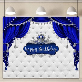 YongFoto Royal Blue Happy Birthday Backdrop 7x5ft Headboard Sofa Texture Silver Crown Blue Curtain Photography Background Boy Girl Birthday Party Baby Shower Banner Kids Portraits Photoshoot Props