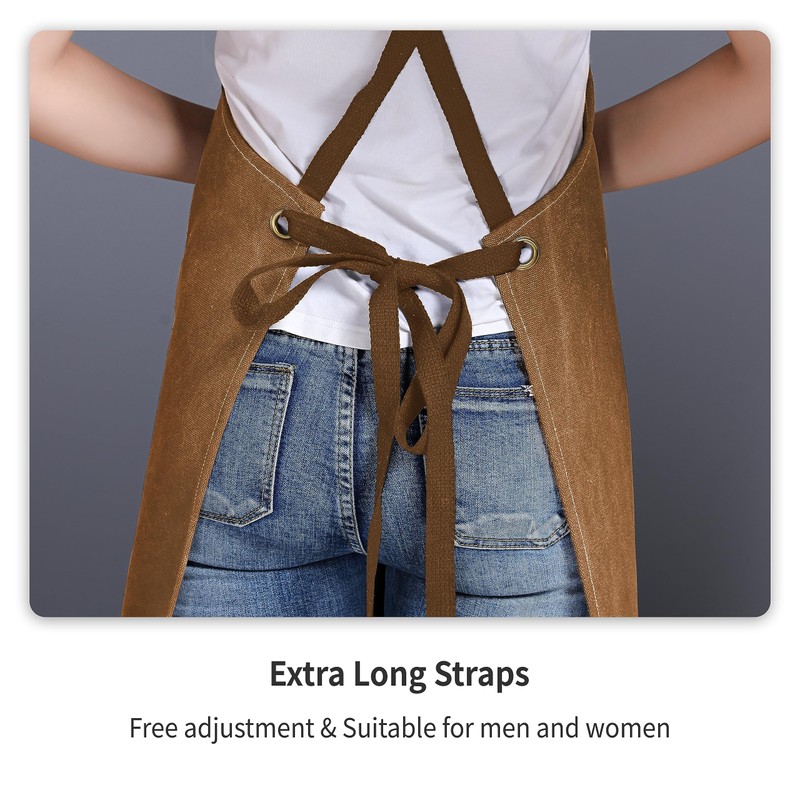 EWIZ Cotton Canvas Apron Adjustable Cross-Back straps with Three Pockets