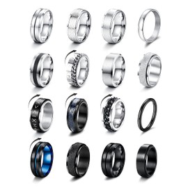 JeryWe 16Pcs Stainless Steel Band Rings for Men Women Fidget Rings for Anxiety Cool Spinner Chain Rings Wedding Promise Band Rings Men Cuban Link Chain Fashion Rings Pack Size 7-13