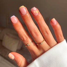 Summer French Press on Nails Short Square, Pink Fake Nails with Colorful French Tip and Cute Blossom Designs, Glossy Gel Finish Acrylic Nails, Thick Reusable Glue on Nails for Women, Candy Tips