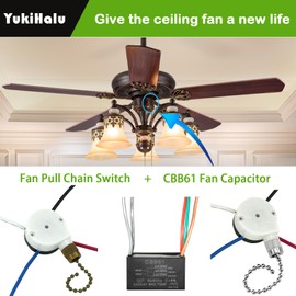 YukiHalu Ceiling Fan Pull Chain Switch 3 Speed 4 Pre-Installed Wires, Ceiling Fan Capacitor CBB61 4uf + 4uf + 2.5uf 5 Wires 250V, Light Switch for Fan and Light (‎ZE-208s Nickel, 4+4+2.5uF)