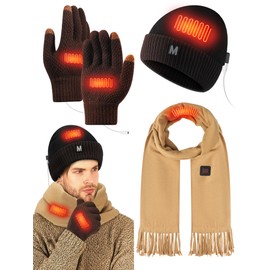 Cutecrop 3 Pcs USB Heated Hat Scarf Gloves Set Winter Heated Beanie Hat Touch Screen Gloves Neck Warmer for Men Women Gift(Brown,Classic Style)