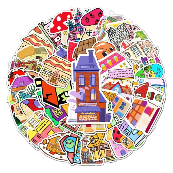 50Pcs Cartoon Houses and Castles Stickers, Vinyl Mushroom Houses Stickers for Water Bottles,Laptops,Phones,Scrapbooking,Journaling, Mug Decals-Perfect Party Favors for Kids,Boys,Girls,Teens