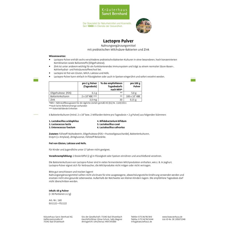 Sanct Bernhard Lactopro Powder with Six Different Probiotic Bacteria Cultures
