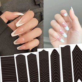 6 Pcs French Manicure Edge Auxiliary Nail Sticker- Wavy Line 3D Self -Adhesive DIY Template Nail Art Accessories for Designer Nail Decoration,French Tip V-Shaped Stencils Fringe Nail Art Decals Tools
