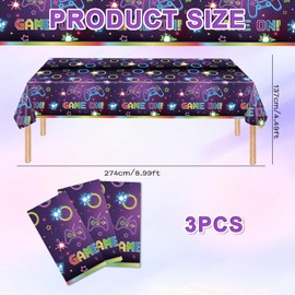 Game On Tablecloths, Video Game Party Tablecloth, 3-Pack Gamer Birthday Party Tablecloths – Neon Video Game Theme, Waterproof & Disposable, 108 x 54 Inch