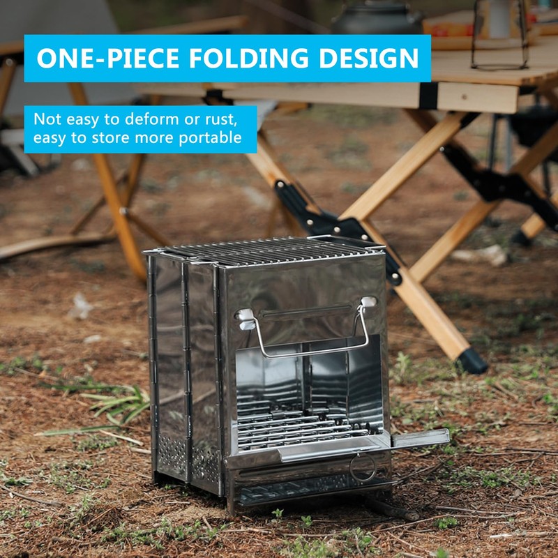 JEMLYD Portable Folding Wood Burning Camping Stove with Grill, Stainless