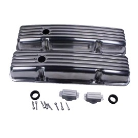 Unbranded 58-86 SBC Chevy 350 400 Polish Retro Finned Aluminum Short Valve Covers w Gasket