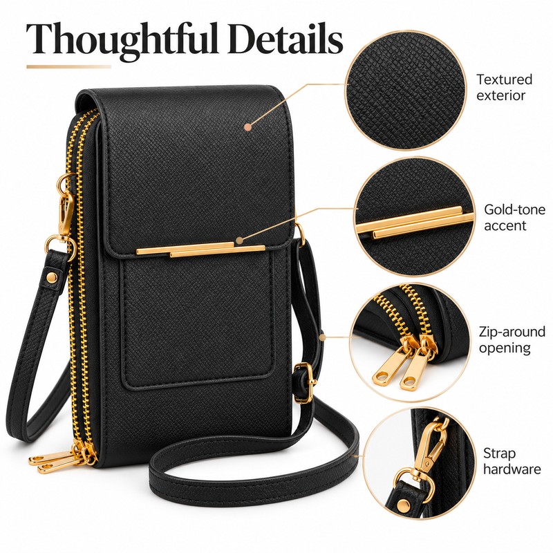 Touchscreen Phone Crossbody Bag for Women – Sequined PU Wallet