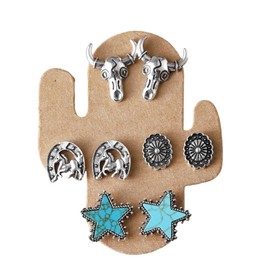 4PCS Western Turquoise Stud Earrings for Women Turquoise Star Cattle Head Horseshoe Concho Stud Earring Vintage Retro Western Earrings Y2K Bohemian Cowgirl Jewelry Accessories