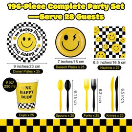 Kochorie 196 Pieces One Happy Dude Birthday Party Decorations Disposable Tableware Set Smiley Face Paper Plates Cups Napkins for One Happy Dude 1st Birthday Preppy Baby Shower Party Decor, Serve 28