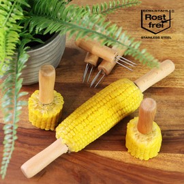 com-four® 8 x Corn Forks with 3 Stainless Steel Tines, Rust-Proof - Reusable Corn Skewers - Peeling Aid for Jacket Potatoes (08 Pieces - Wood)
