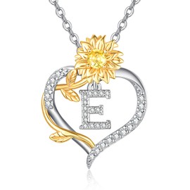 AENEAS Initial E Sunflower Necklace Women Gold Plated Sterling Silver Letter Heart Pendant Jewelry Gift to Mom Birthday Anniversary Christmas