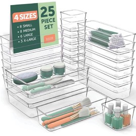 80Pcs Drawer Organizers Set, 4 Sizes Clear Plastic Drawer Organizers and Storage Bins for Kitchen Bathroom Office Desk Drawer Organizer Tray Boxes - Quantity: 25 Pcs Check Des for Sizes