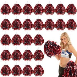 VAIPI 48 Pack Cheerleading Pom Poms Kit with Baton Handle Metallic Foil Squad Team Spirited Fun Cheer Pom Poms Bulk for Kids Adults Cheerleader Gifts Team Spirit Sports Dance Game Party (Black & Red)
