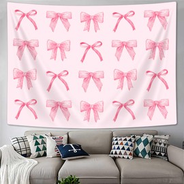 Etsyoki Pink Tapestry Bow, Girls Coquette Room Decor, Preppy Girly Aesthetic Tapestries Wall Hanging for Teen Girls Room College Dormitory Bedroom Dorm Apartment Decor, Pink Wall Decor, 60X40in