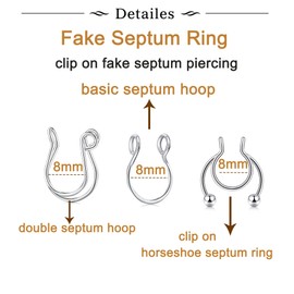 Longita Faux Septum Nose Rings - 9pcs Set (3 Styles, 3 Colors) - Non Piercing, Clip On - Stainless Steel - 5/16" (8mm) & 3/8" (10mm) - Fashion Jewelry