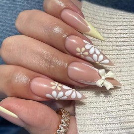 MISUD Press on Nails - Long Stiletto Fake Nails with Yellow White Flower, Acrylic French Tip Design 24 pcs