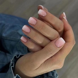 24Pcs False Nails,UHOMENY Square False Nails Short Long Fake Nails Acrylic Stick on Nails for Women Girls Nail Art Press on Nails with manicure kit (Pink Gradient White, 12 size)