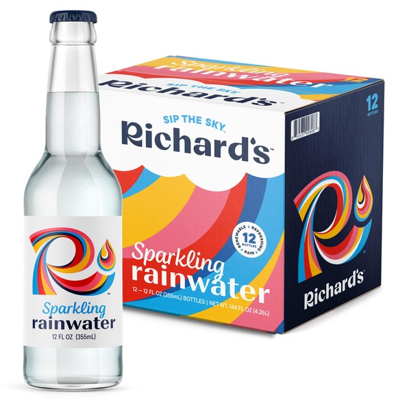 Richard's Rainwater Sparkling Water (12 fl oz Glass Bottles, 12-Pack), Long Lasting Bubbles, Renewable Refreshing Carbonated Rain Water