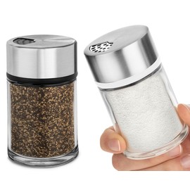 Salt and Pepper Shakers Set with Adjustable Pour Holes - Stainless Steel Spice Dispenser - Perfect for Pink Himalayan, Table Salt, Black and White Pepper (2.4 oz) - set of 2