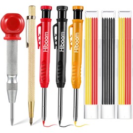 Hiboom 8 Pack Carpenter Pencils Set with 18 Refills (Red, Black, Yellow) and Sharpener, 5 Inch Center Punch, Carbide Scribe Tool, Deep Hole Marker, 2.8 mm Heavy Duty Woodworking Pencils for Architect
