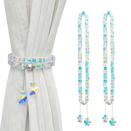 Magnetic Curtain Tiebacks,Crystal Beads Rope Drapery Holdbacks Holder for Small,Thin or Sheer Window Draperies,15 Inch Long,2 Pack (Cube)