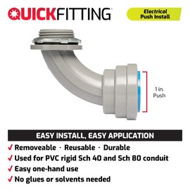 QuickFitting 1 inch 90-Degree Elbow Connector | Push Install PVC Electrical Conduit Fitting | for Rigid Sch 40 and Sch 80 PVC Conduit | 10-Pack Liquid Tight Junction Box Conduit Connectors