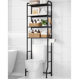 Kitsure Over Toilet Storage Rack - Metal Over Toilet Bathroom Organizer Shelf, Over The Toilet Storage Cabinet with Paper Holder and Hooks, Bathroom Cabinet for Laundry, Black, 4 Tiers (74.2" H)