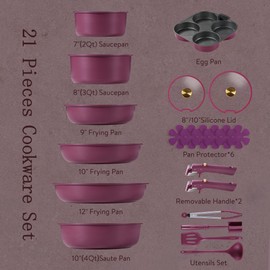 CAROTE 21pcs Pots and Pans Set, Nonstick Cookware Set Detachable Handle, Induction Kitchen Cookware Sets Non Stick with Removable Handle, RV Cookware Set, Gold and Purple