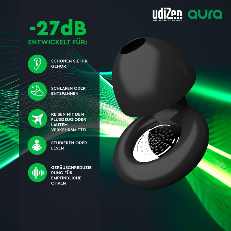 Earplugs for Travel, Sleeping, Learning, Noise Reduction, 27 dB, UdiZen