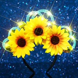 Handcess Light up Sunflower Headband Festival LED Hair Band Glowing Hawaiian Costume Hair Hoop Party Rave Hair Accessories for Women
