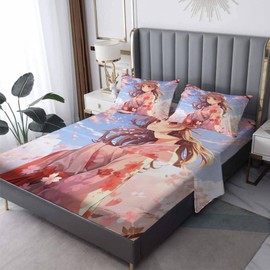 zcsm Anime Girl Sheets Full Size - Japanese Bed Sheets, Soft Microfiber & Deep Pocket & Wrinkle Free Patterned Bedding Sheets & Pillowcases, 4 Piece (1 Fitted Sheet, 1 Flat Sheet, 2 Pillow Cases)
