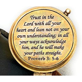 Proverbs 3: 5-6 Engraved Compass Trust In The Lord Inscription Compasses Graduation Gift, Confirmation Gift, Baptism Religious Missionary Gift, Communion Survival Brass Compass With Leather Case.