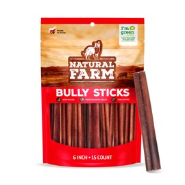 Natural Farm Odor-Free Bully Sticks (6 Inch, 15 Count), Single Ingredient: 100% Beef Chews, Grass-Fed, Non-GMO, Grain-Free, Fully Digestible Treats for Puppies, Small or Senior Dog