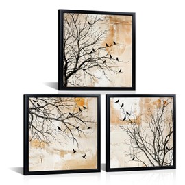 LoveHouse Bird Framed Wall Art Birds on Tree Branch Wall Decor Black and Beige Painting Modern Nature Canvas Prints Pictures for Home Decor